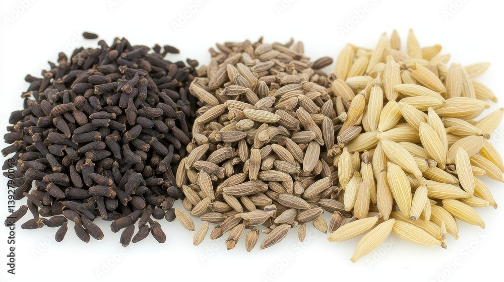 Fototapeta premium Spiced for Flavor A Close-Up of Aromatic Cumin, Cloves, and Caraway Seeds on White Background