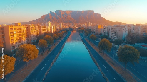 Sunrise over Table Mountain, Cape Town, with canal and cityscape.