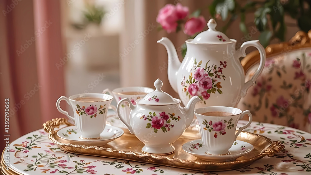 Fototapeta premium Elegant Floral Tea Set in Pink Rose Design for Graceful Indoor Gatherings