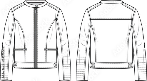 Unisex Biker Jacket. Technical fashion flat sketch. Front and back, white colour. Women's CAD mock-up