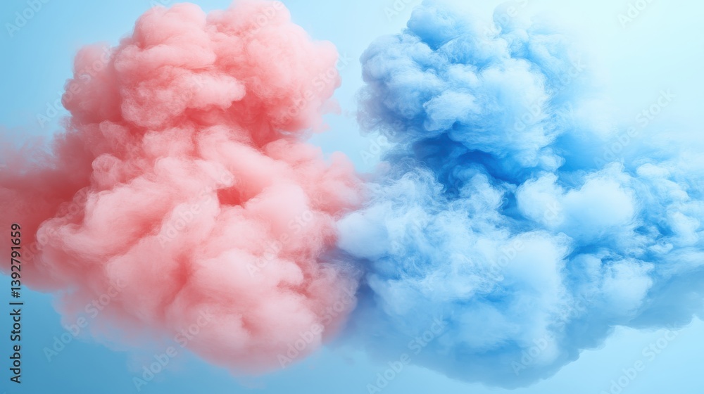 Two softly colored clouds merging together creating a serene and dreamy abstract visual atmosphere on white Two softly colored clouds merging together creating a serene and dreamy abstract visual atmosphere on white