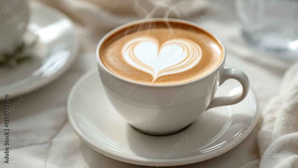 Fototapeta premium A cup of coffee with a heart design on top sitting on a white plate
