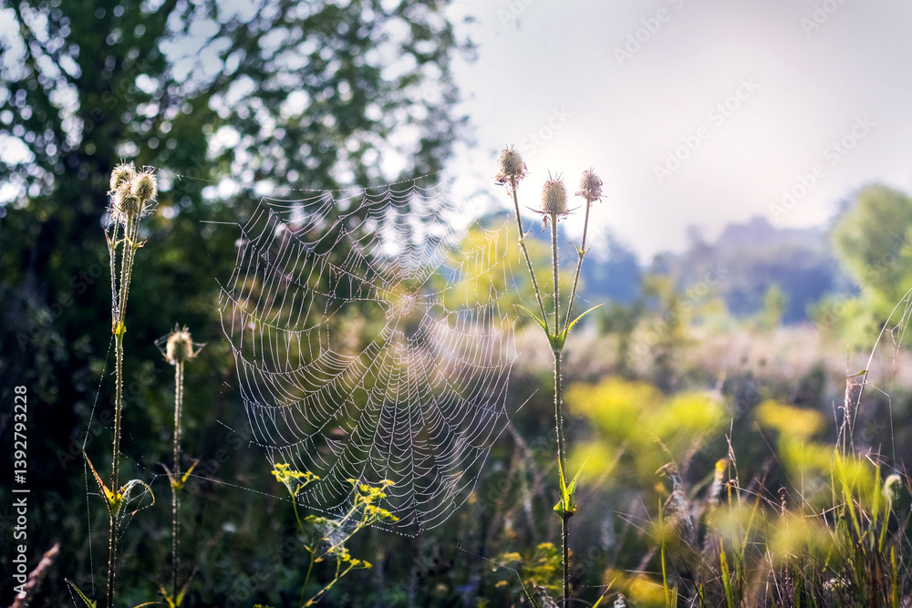 Spider web with dew drops between dry grass stalks at dawn