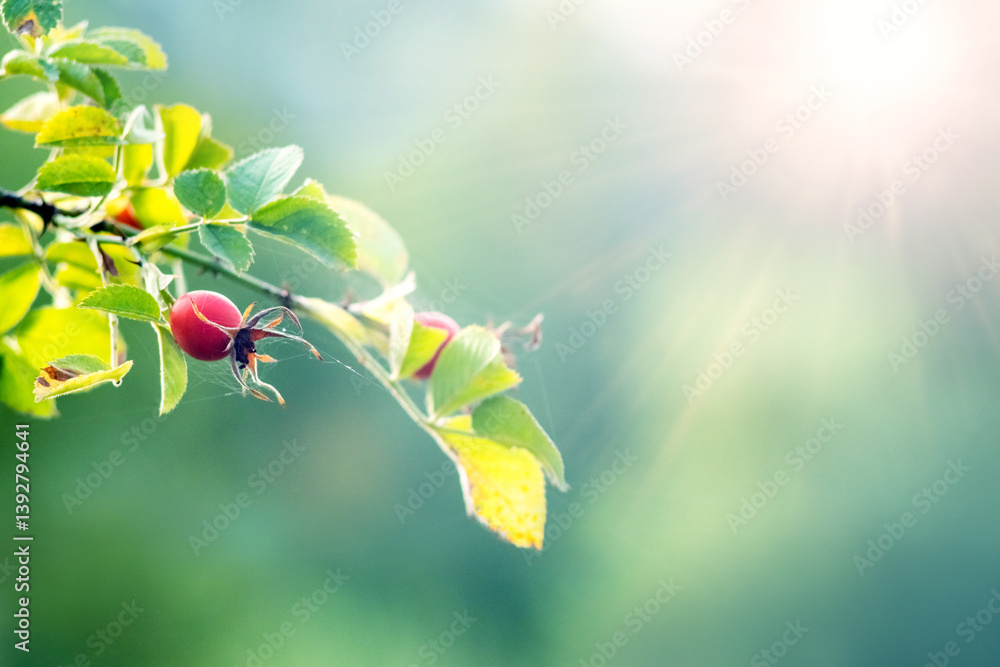 Ripe rose hips with bright green leaves on blurred background