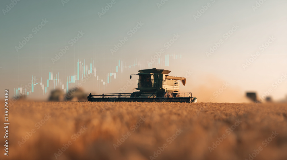 Fototapeta premium A combine harvester in a field with a stock market chart overlayed on a hazy and bright sky view