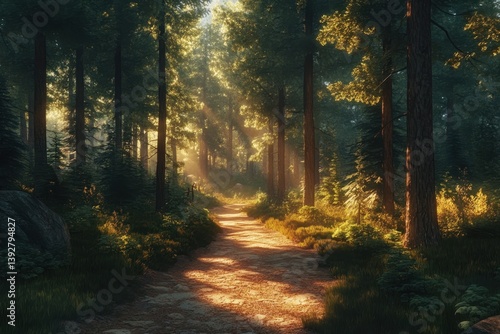 Wallpaper Mural Sunlight filters through trees along a serene forest pathway during late afternoon Torontodigital.ca