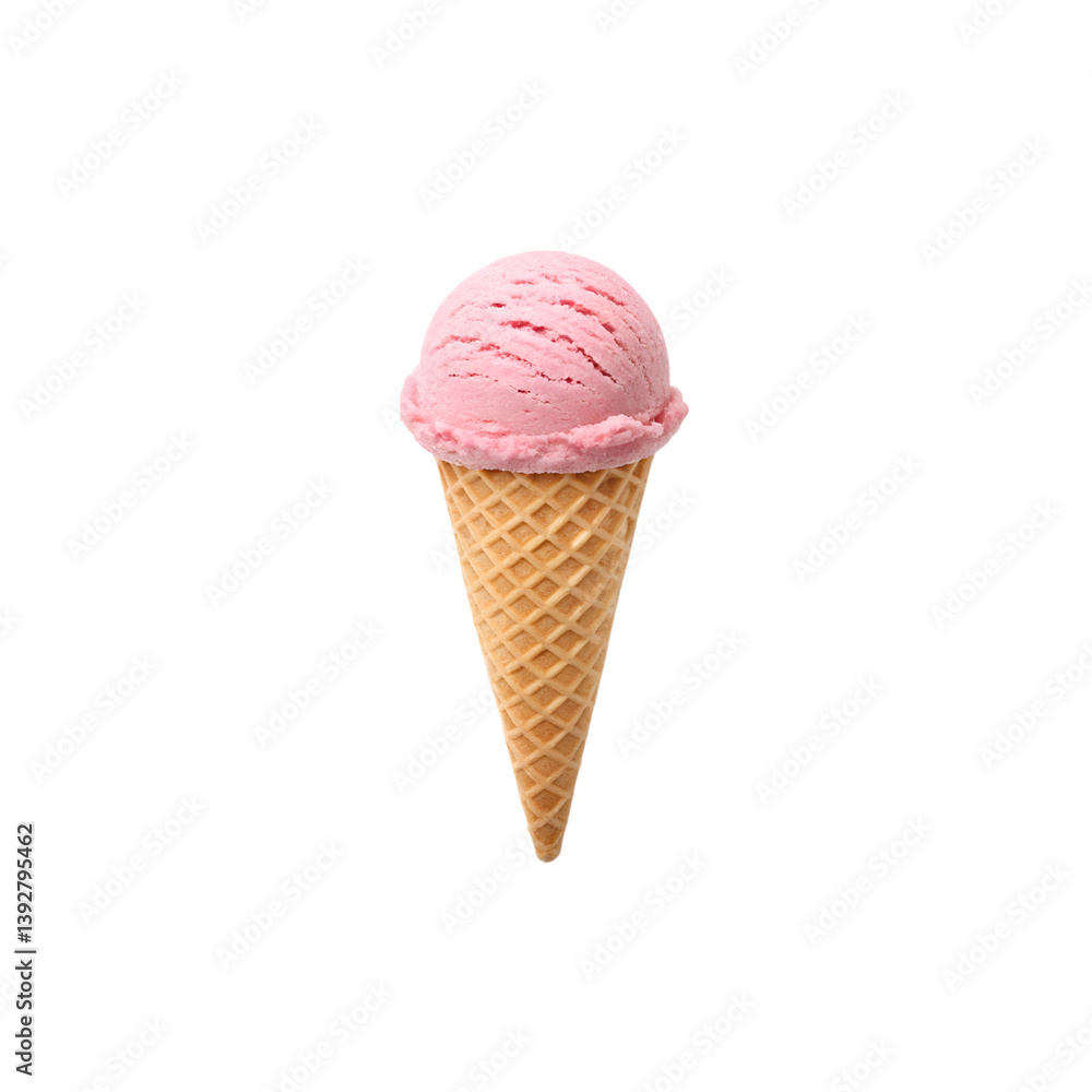 Single scoop of pink ice cream on waffle cone with creamy texture isolated on transparent background Single scoop of pink ice cream on waffle cone with creamy texture isolated on transparent background