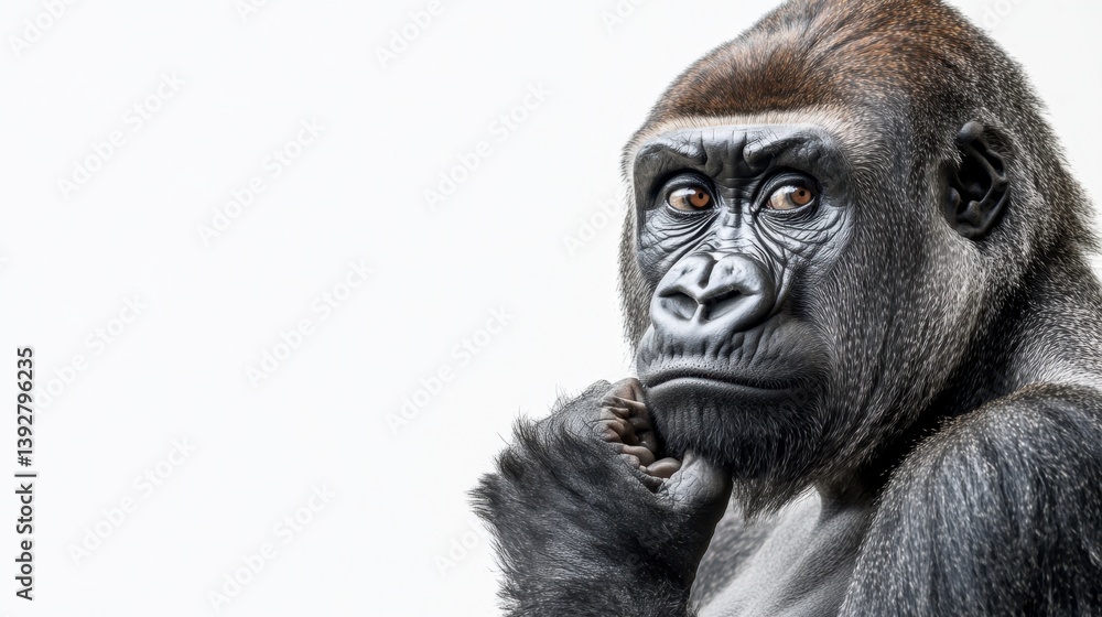 Intense gaze of a silverback gorilla, thoughtfully posed with a hand to its chin against a white background. Powerful and contemplative Intense gaze of a silverback gorilla, thoughtfully posed with a hand to its chin against a white background. Powerful and contemplative