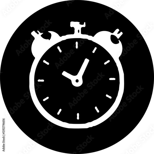 Vintage Alarm Clock Silhouette on Circular Black Backdrop with Graphic Design