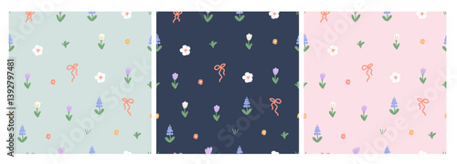 Set of Colorful Spring Flowers Seamless Pattern