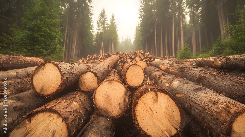 Stacked Timber Logs Among Tall Evergreen Trees in a Misty Forest Landscape During Daylight Stacked Timber Logs Among Tall Evergreen Trees in a Misty Forest Landscape During Daylight