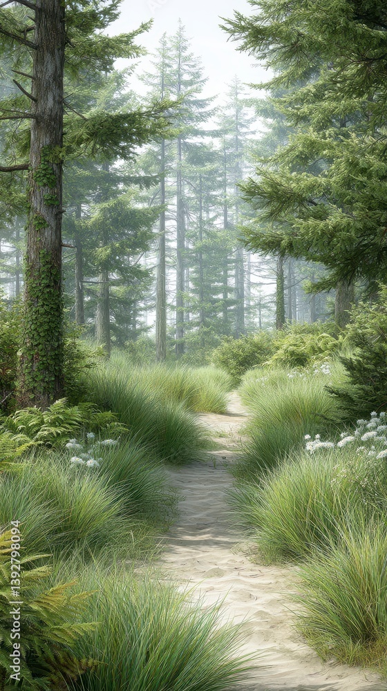Serene Forest Path Sunlight Dappled Green Trees and Lush Undergrowth Serene Forest Path Sunlight Dappled Green Trees and Lush Undergrowth