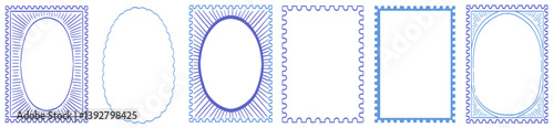 Stamp letter mark inspired frames for greeting cards, wedding and birthday party, picnic invitations in marine sea coastal style. Hand drawn ornament borders for social media travel vacation template.