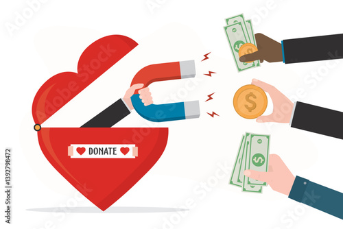 Charity, financial assistance, aid or support, philanthropy. Hand uses magnet to attract donations. Human hands give money. Donating money to nonprofit organization