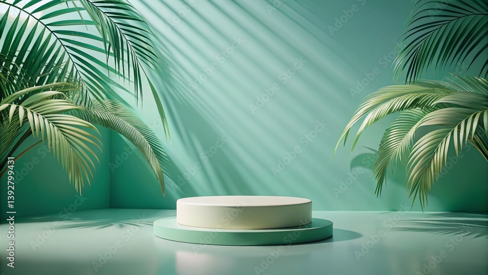 Minimalist Product Display Podium with Tropical Palm Leaf Shadows on Mint Green Wall - Serene & Stylish Stock Photo Minimalist Product Display Podium with Tropical Palm Leaf Shadows on Mint Green Wall - Serene & Stylish Stock Photo