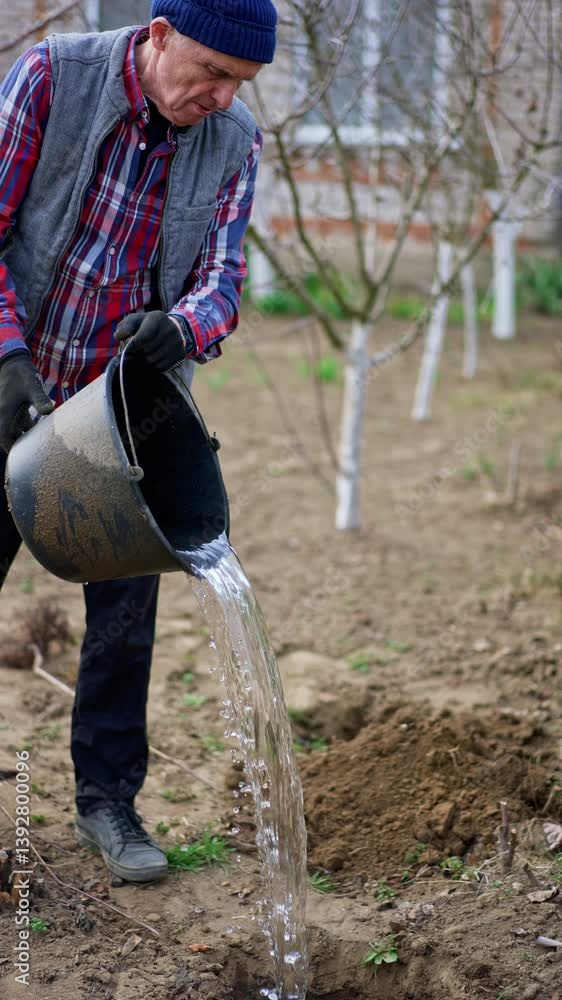 Old man is pouring water from the bucket into a little pit. Farmer starts to plant a young tree in his garden. Vertical video. Old man is pouring water from the bucket into a little pit. Farmer starts to plant a young tree in his garden. Vertical video.