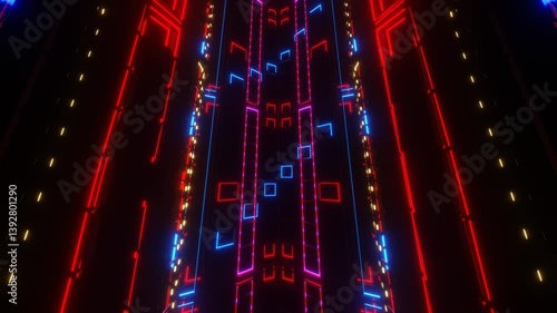 endless forward movement over the grid with flashing red and blue lights. 3d render looped animation.