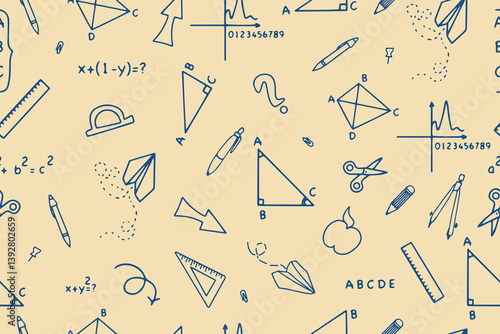 Seamless pattern of school supplies for geometry, triangles and equations in doodle style
