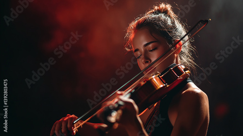 Female violinist performing passionately with eyes closed