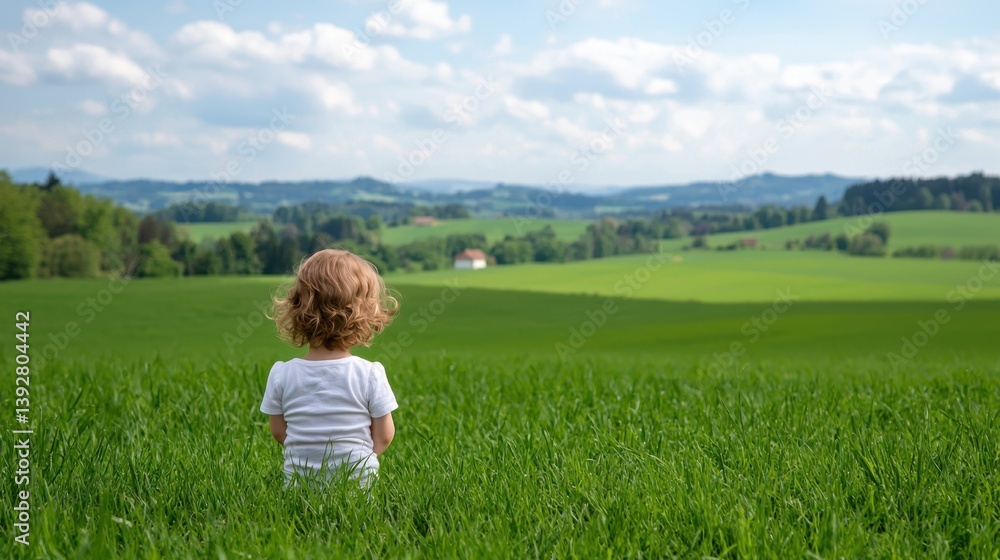 Pesticide farm Concept, Child Playing in a Lush Green Field Near a Farm Under a Bright Blue Sky with Soft Fluffy Clouds Pesticide farm Concept, Child Playing in a Lush Green Field Near a Farm Under a Bright Blue Sky with Soft Fluffy Clouds