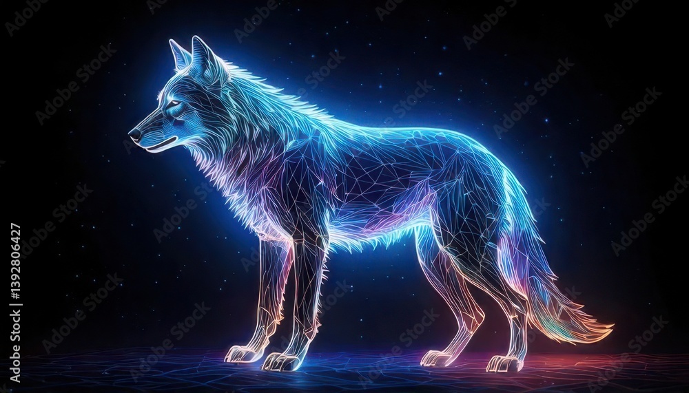 Fototapeta premium Futuristic neon wolf stands alert in a digital landscape illustration
