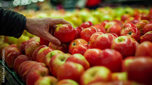 A shopper picking out fresh apples from a produce display. stock image, hd quality, natural look, blog post, shopping, retail.