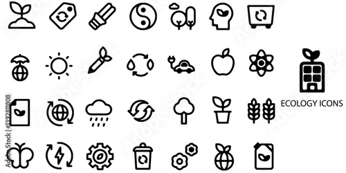 Ecology simple concept 28 icons set. Contain such Environment, sustainability, nature, recycle, renewable energy; electric bike, eco-friendly, forest, wind power, green and more .Vector illustration.	