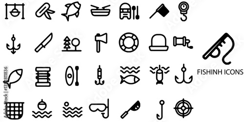 Fishing concept 28 icons set. Contain such  Fish-hook, skeleton, fishing line, fisherman, sea, pond, catch, hook, float, hook, underwater creature, perch .Vector illustration.