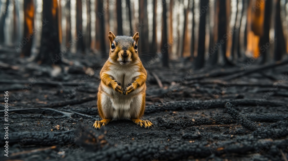 Animal stand in burnt forest. Sad and moody. The aftermath of wild fire devastation.