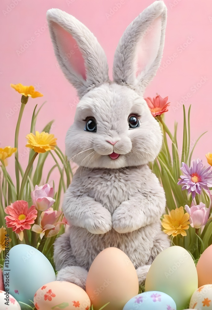 Obraz premium Easter bunny colorful tulips and pastel eggs on abstract background spring holiday greeting scene