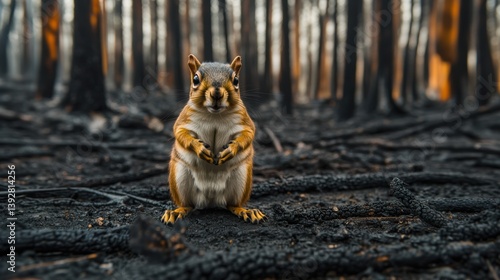 Obraz na płótnie Animal stand in burnt forest. Sad and moody. The aftermath of wild fire devastation. w salonie