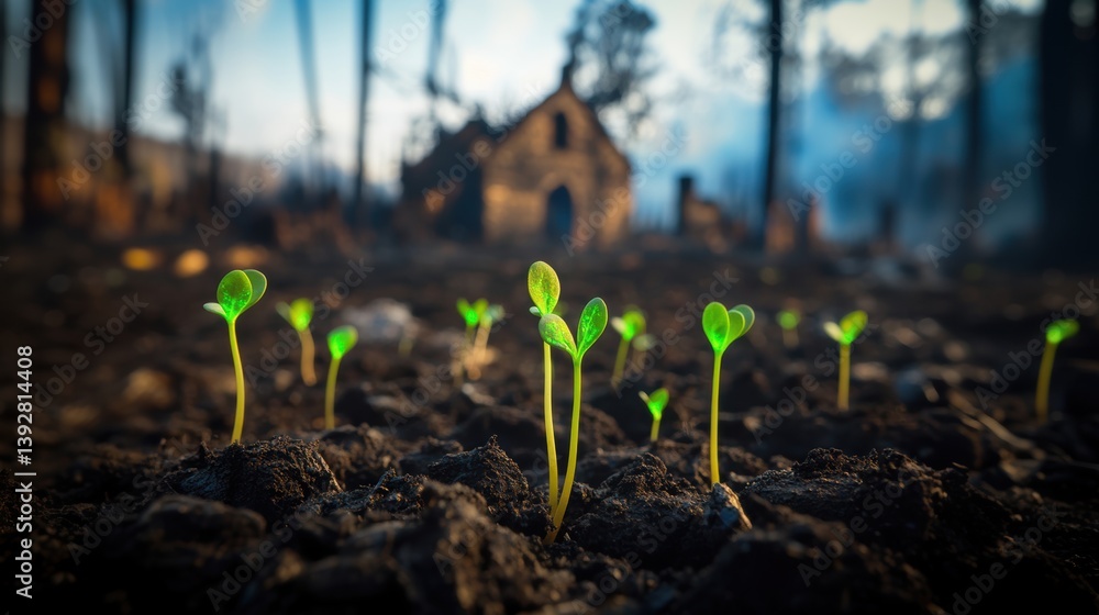 Plant sprout growing out of burnt soil in a devastated village after wild fire.