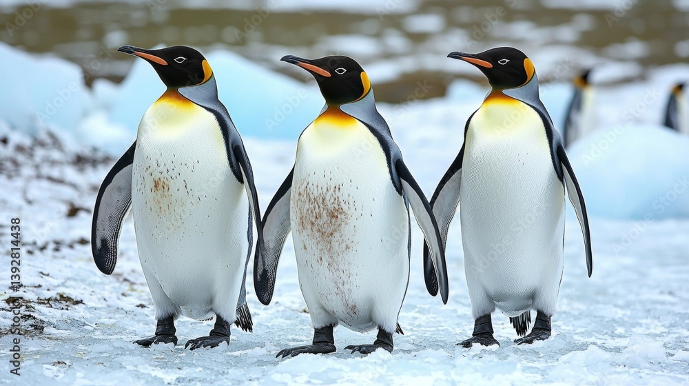 Fototapeta premium Three Majestic King Penguins Walking on Antarctic Ice