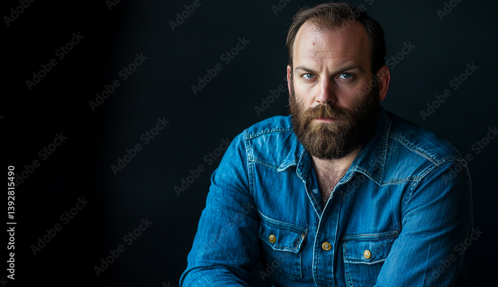 Fototapeta premium Portrait of a bearded man in a denim shirt, sitting and looking at the camera, against a dark background.