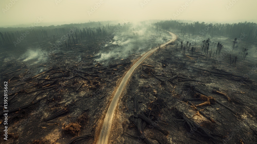Devastated aftermath scene of wild forest fire.