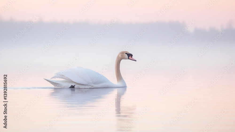 Serene Swan Gracefully Gliding on Calm Pink Dawn Water Serene Swan Gracefully Gliding on Calm Pink Dawn Water