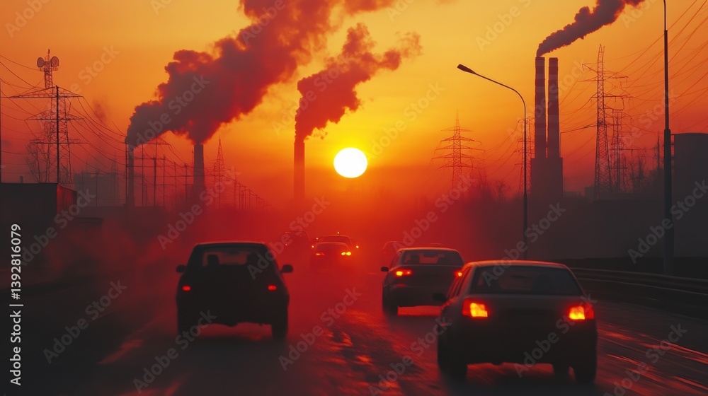 Air pollution. car waste gas. Factory. Chimney releasing black smoke.