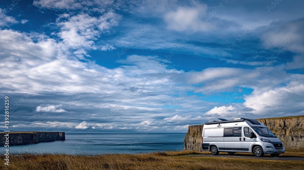 Obraz premium Scenic view of a camper van parked by the cliffs overlooking the ocean under a cloudy sky