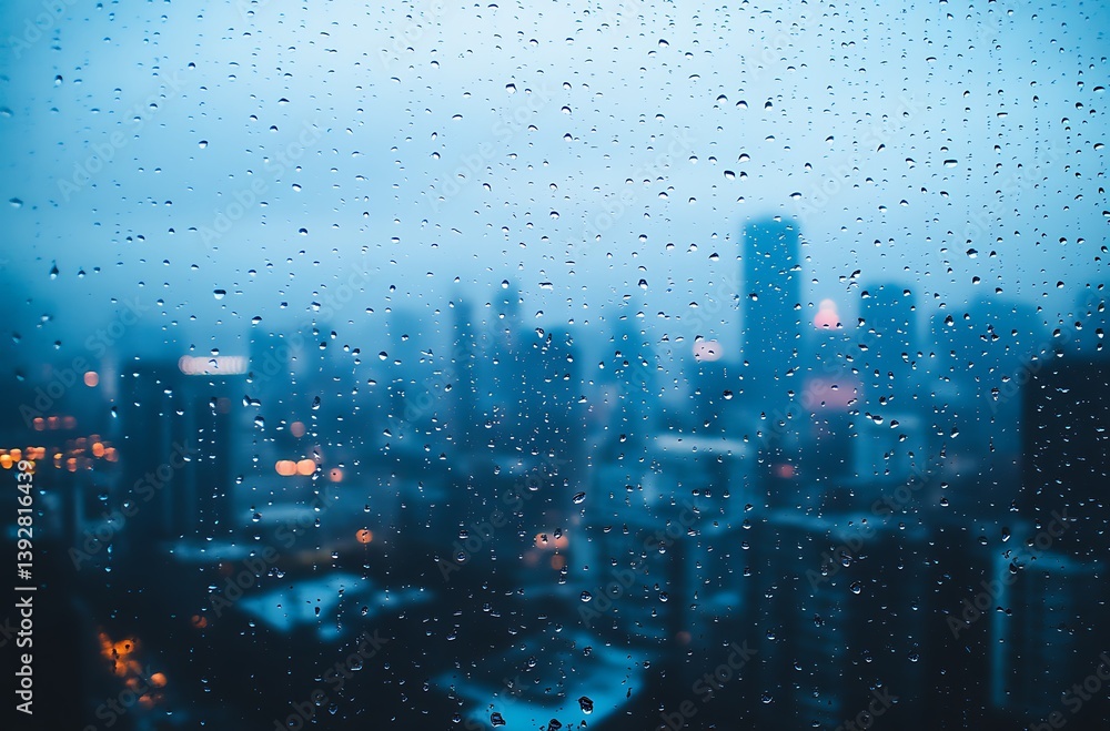 Obraz premium Raindrops on a window with a city skyline in the background