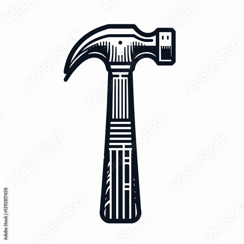 Minimalist hammer illustration in black and white, classic tool design concept