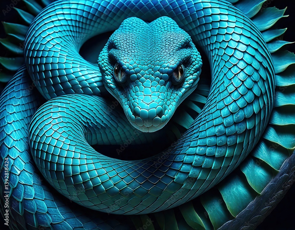 Fototapeta premium Highly detailed blue serpent with vivid scales and leaf-like spines, coiled in a striking fantasy design with intense focus.