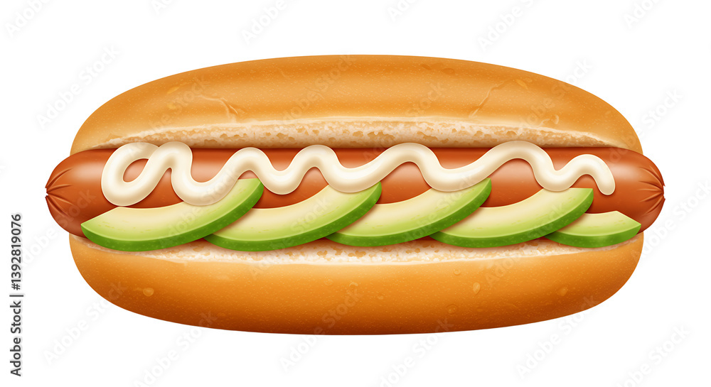 Hot dog with avocado slices and sauce on a white background Hot dog with avocado slices and sauce on a white background