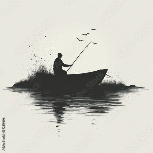 Fisherman casting line into calm waters at sunset amid silhouettes of birds in serene nature setting