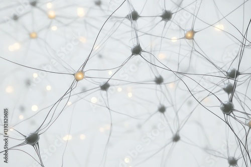 A close-up image of a network of interconnected neurons, with glowing synapses transmitting signals between them, against a white background