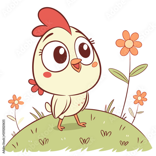 A charming cartoon chicken with big eyes stands on a gentle green hill, gazing at vibrant orange flowers. The sunny weather enhances the cheerful atmosphere of the scene
