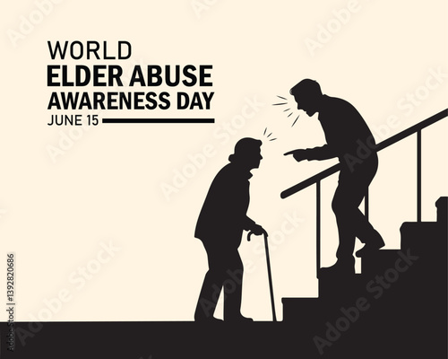 Vector illustration, silhouette of a man cursing an elderly woman as he descends steps, as a banner or poster, World Elder Abuse Awareness Day.
