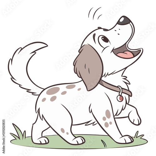 A playful dog with white fur and brown spots walks through a grassy area, wearing a collar. Its tail wags as it gazes up with a cheerful expression under bright sunlight
