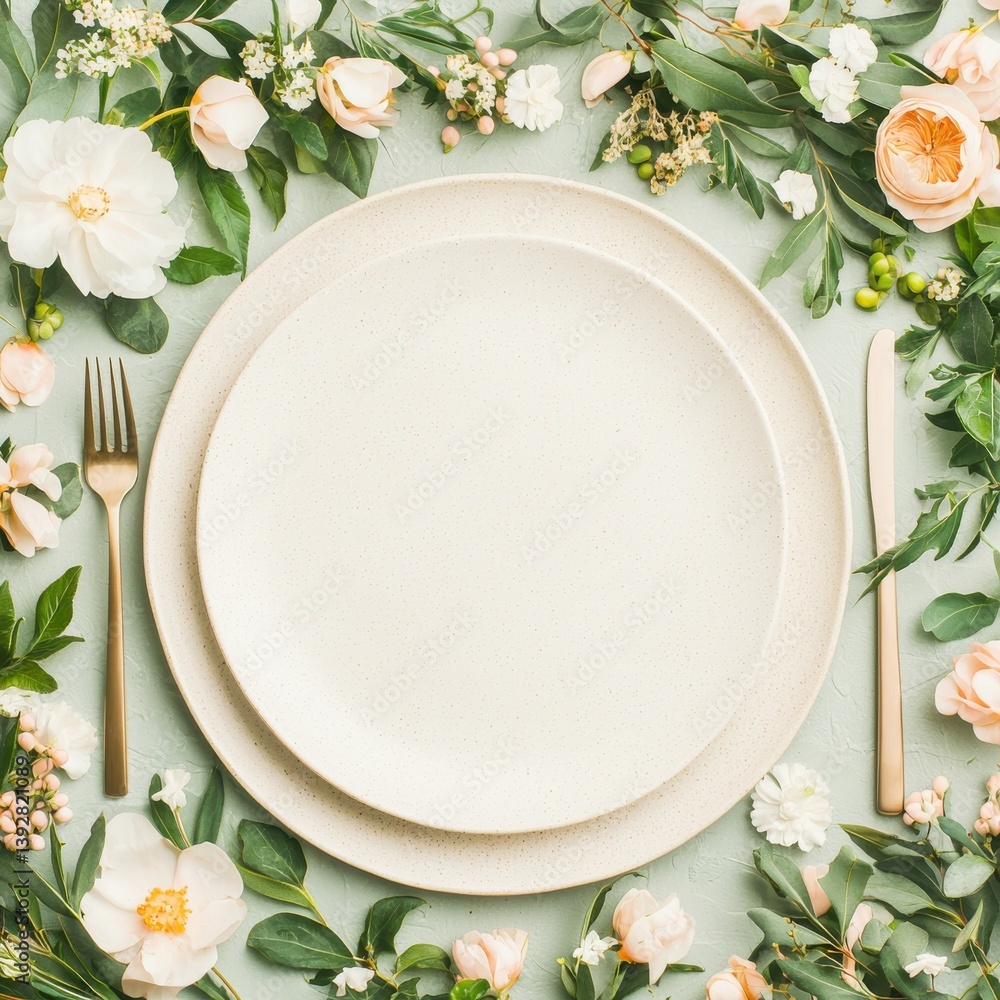 Elegant place setting with gold cutlery and delicate peach and white flowers arranged around a pristine white dinner plate on a pastel green background perfect for sp or summer Elegant place setting with gold cutlery and delicate peach and white flowers arranged around a pristine white dinner plate on a pastel green background perfect for sp or summer