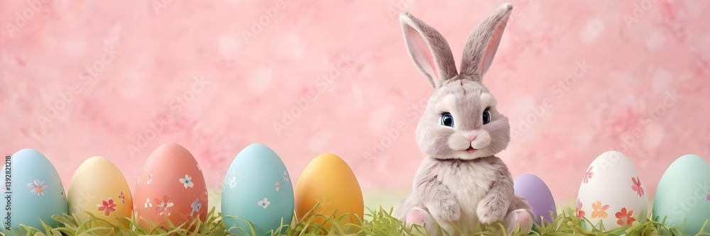 Obraz premium Easter bunny colorful tulips and pastel eggs on abstract background spring holiday greeting scene