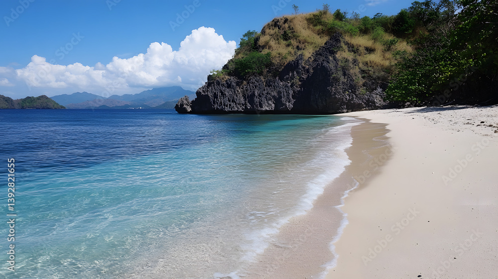 Fototapeta premium An undiscovered beach paradise with pristine sand and calm, crystal waters.